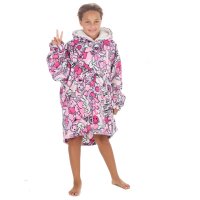 18C872: Girls Plush Oversized Hoodie- Stickers (One Size - 7-13 Years)